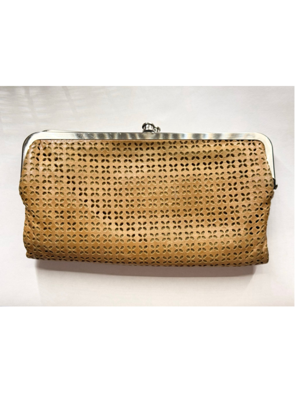 Women's Hobo Floral Perforated Leather Wallet Beige Silver 8.5”x5”